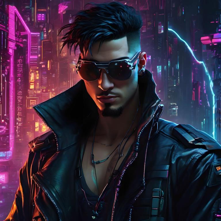 Cyberpunk,Cyberpunk, Rakyat, pria, 1 anak laki-laki, rambut wajah, fokus pria, solo, jaket, kacamata hitam