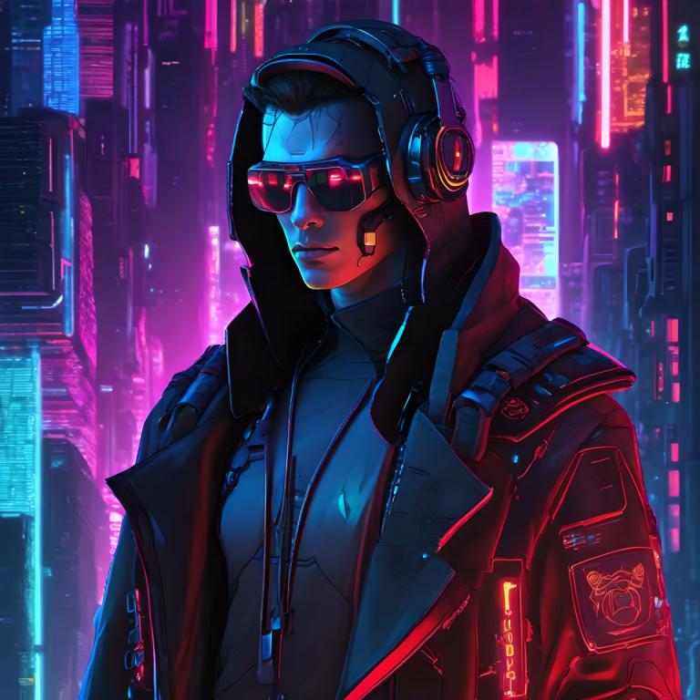 Cyberpunk,Cyberpunk, Rakyat, pria, solo, jaket, cyberpunk, lampu neon, fokus pria, 1 anak laki-laki