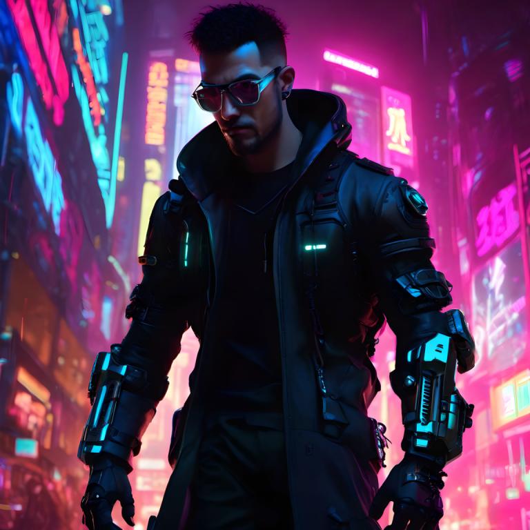 Cyberpunk,Cyberpunk, Menschen, Mann, 1Junge, Cyberpunk, männlicher Fokus, Neonlichter, Solo, Jacke, Hose