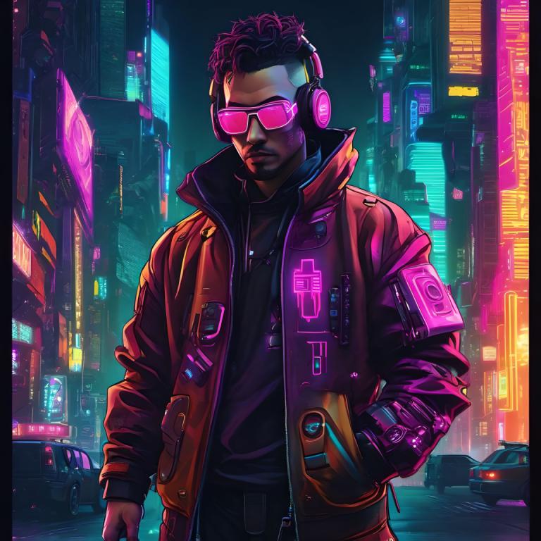 Cyberpunk,Cyberpunk, Rakyat, pria, cyberpunk, 1 anak laki-laki, fokus pria, jaket, lampu neon, solo, kota