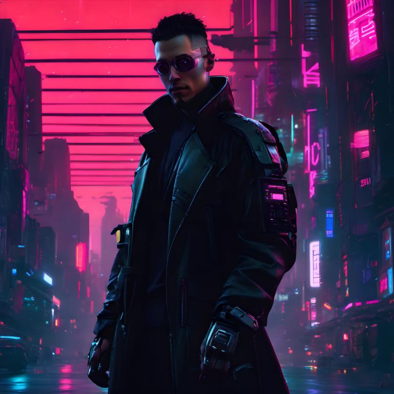 Cyberpunk,Cyberpunk, Mennesker, mand, 1 dreng, cyberpunk, mandligt fokus, neonlys, solo, by, sort hår