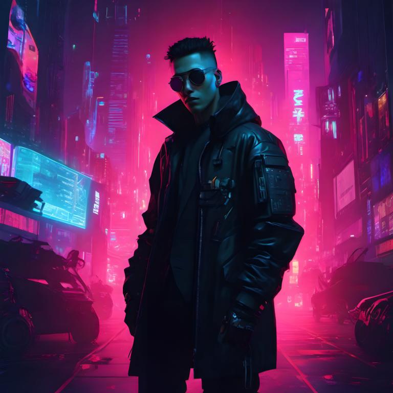 Cyberpunk,Cyberpunk, Rakyat, pria, 1 anak laki-laki, cyberpunk, lampu neon, fokus pria, jaket