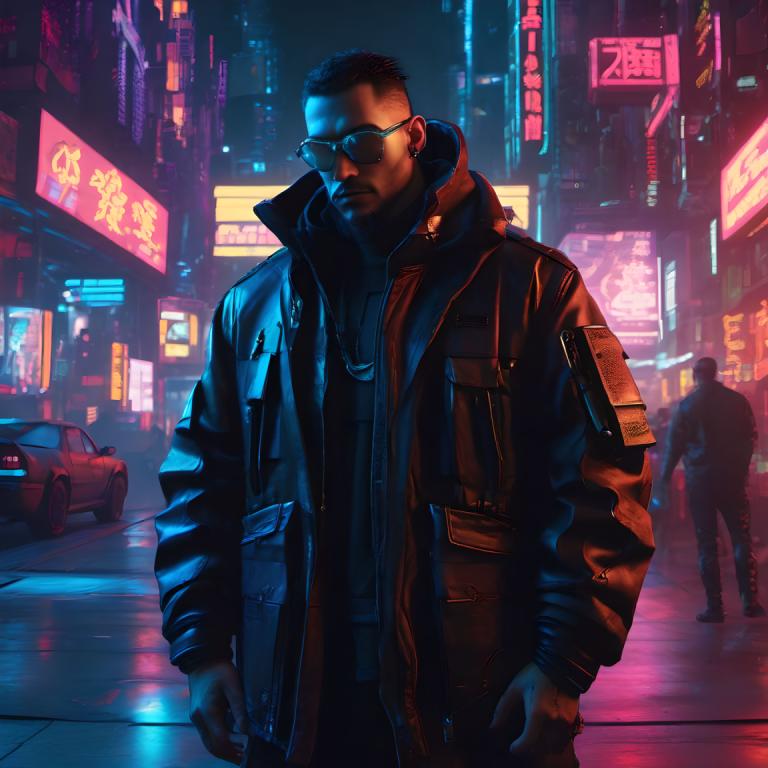 Cyberpunk,Cyberpunk, People, man, night, male focus, motor vehicle, ground vehicle, jacket, car, city