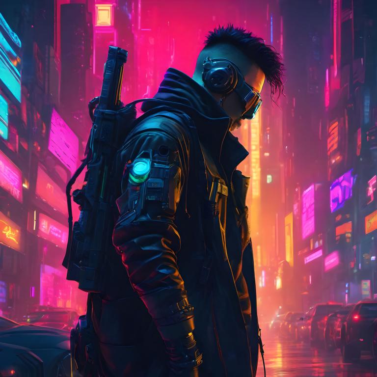 Cyberpunk,Cyberpunk, People, man, 1boy, weapon, cyberpunk, male focus, motor vehicle, gun, solo, neon lights