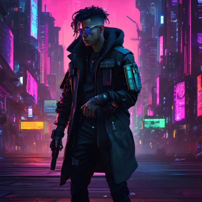 Cyberpunk,Cyberpunk, People, man, cyberpunk, 1boy, neon lights, male focus, weapon, gun, solo, black hair