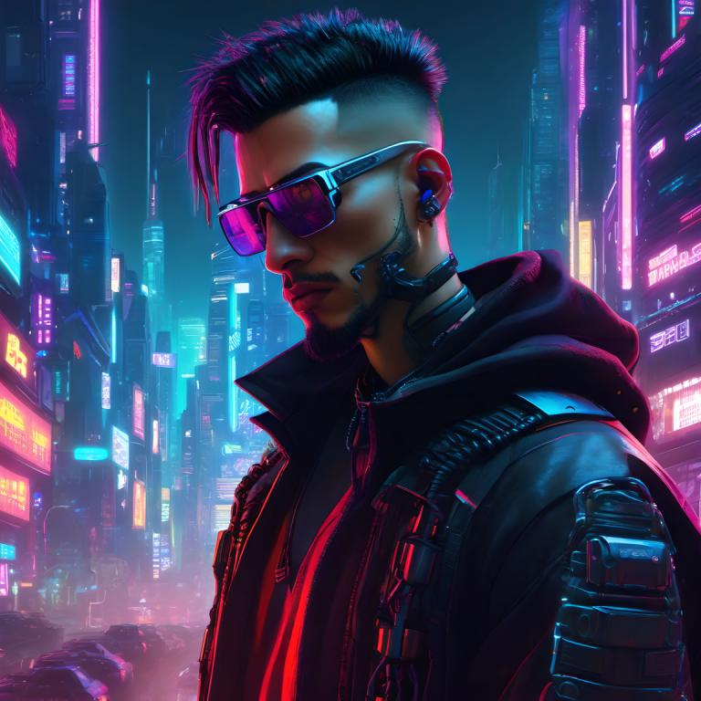 Cyberpunk,Cyberpunk, People, man, cyberpunk, 1boy, male focus, hood, city, jacket, facial hair, night