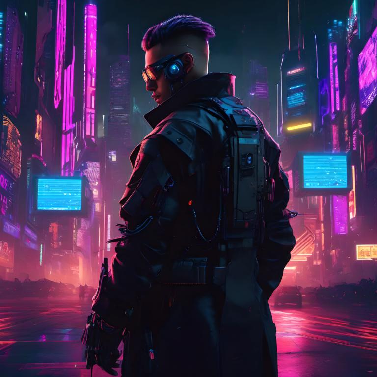 Cyberpunk,Cyberpunk, People, man, cyberpunk, 1boy, neon lights, male focus, cyborg, solo, night, city