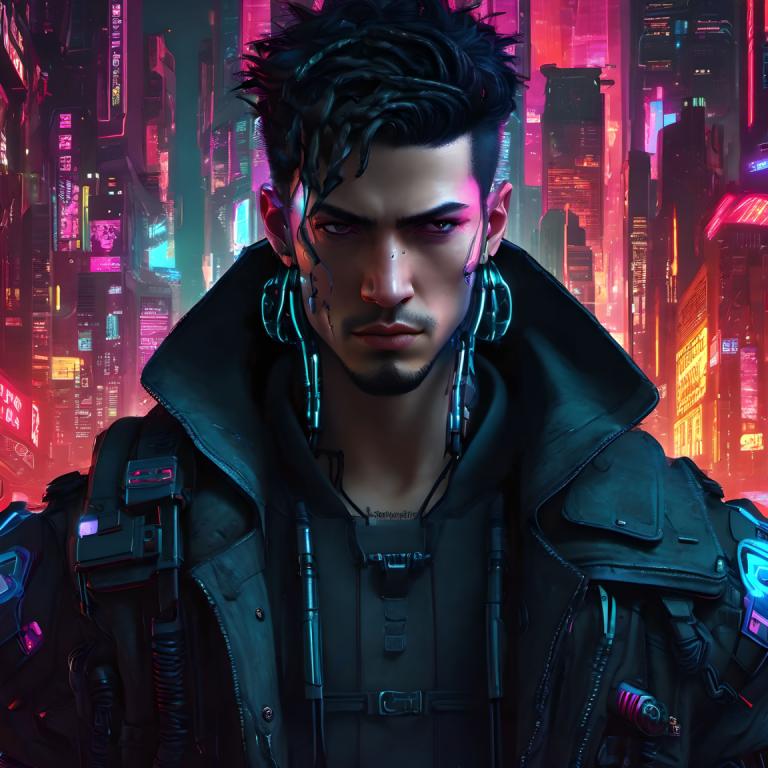 Cyberpunk,Cyberpunk, Menschen, Mann, Cyberpunk, 1Junge, Solo, männlicher Fokus, Jacke, schwarzes Haar