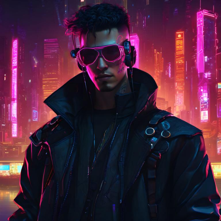 Cyberpunk,Cyberpunk, Lidé, muž, 1 kluk, mužské zaměření, sólo, Bunda, kyberpunk, neonová světla, černé vlasy