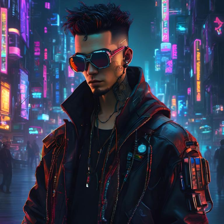 Cyberpunk,Cyberpunk, People, man, cyberpunk, jacket, tattoo, 1boy, male focus, sunglasses, jewelry, night