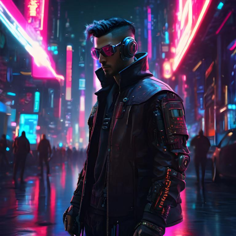 Cyberpunk,Cyberpunk, Mennesker, Mann, 1 gutt, mannlig fokus, cyberpunk, jakke, neon lys, natt, by, svart hår