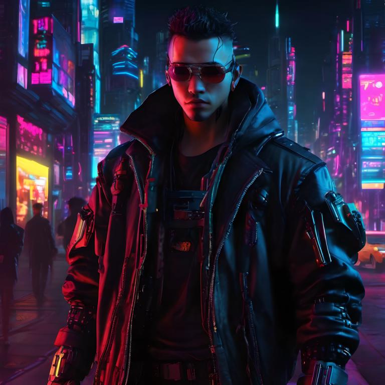 Cyberpunk,Cyberpunk, Lidé, muž, kyberpunk, Bunda, mužské zaměření, noc, 1 kluk, sluneční brýle, černé vlasy