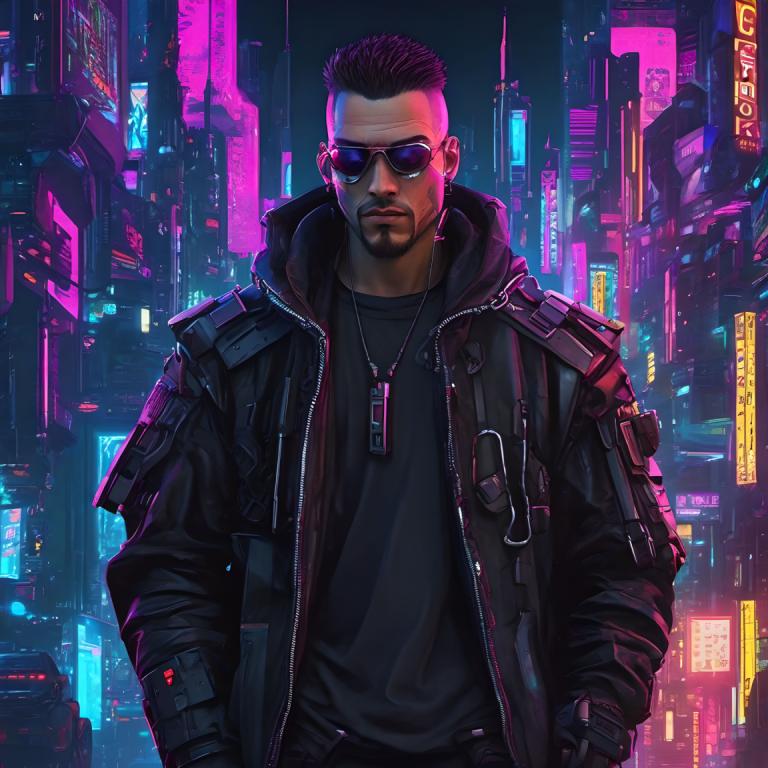 Cyberpunk,Cyberpunk, Lidé, muž, 1 kluk, Bunda, mužské zaměření, sluneční brýle, sólo, psí známky, kyberpunk