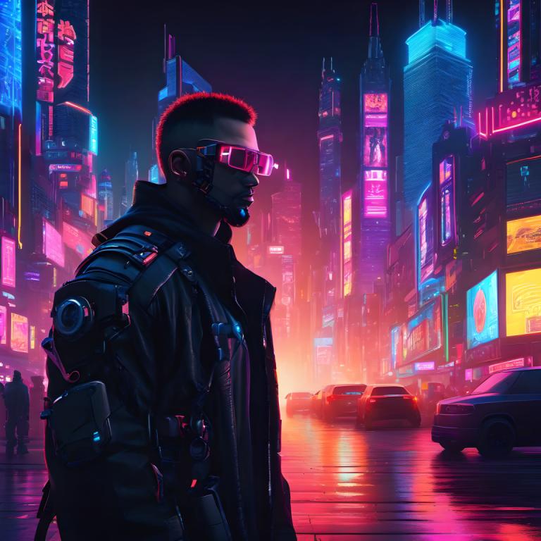 Cyberpunk,Cyberpunk, People, man, cyberpunk, night, city, neon lights, motor vehicle, science fiction, 1boy