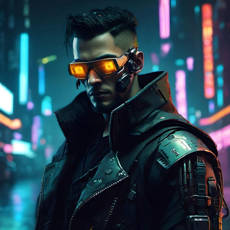 Cyberpunk,Cyberpunk, People, man, 1boy, male focus, solo, cyberpunk, jacket, black hair, cyborg, facial hair