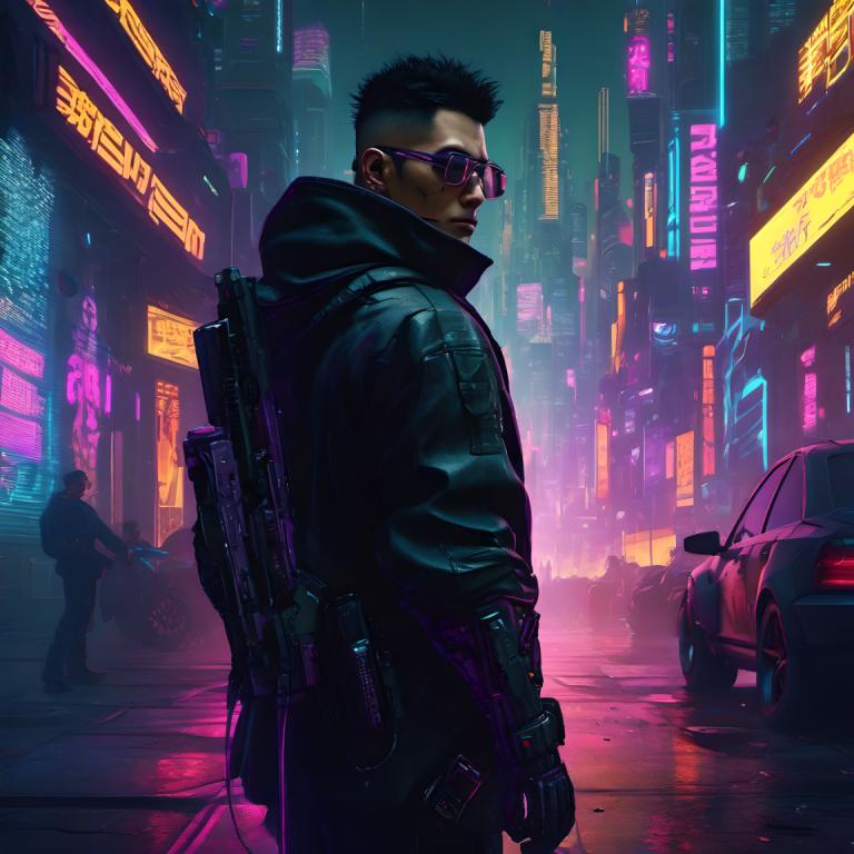 Cyberpunka,Cyberpunka, Ludzie, Człowiek, cyberpunk, broń, pistolet, noc, światła neonowe, okulary słoneczne