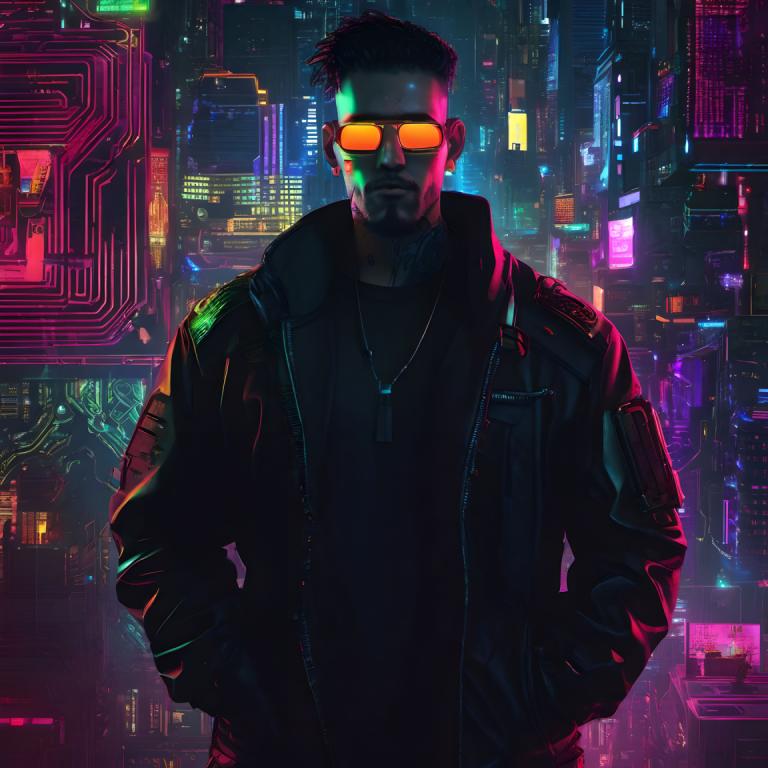 Cyberpunk,Cyberpunk, Oameni, om, 1 băiat, cyberpunk, focalizare masculină, sacou, solo, lumini de neon, oraș