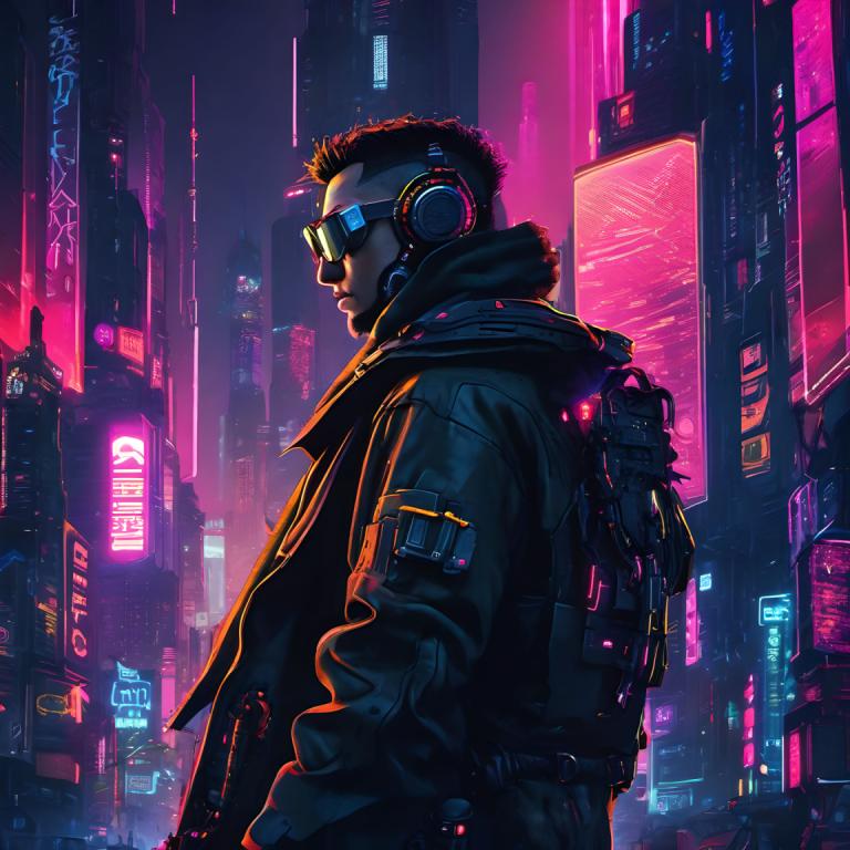 Cyberpunk,Cyberpunk, Oameni, om, cyberpunk, 1 băiat, lumini de neon, focalizare masculină, solo, sacou, oraș