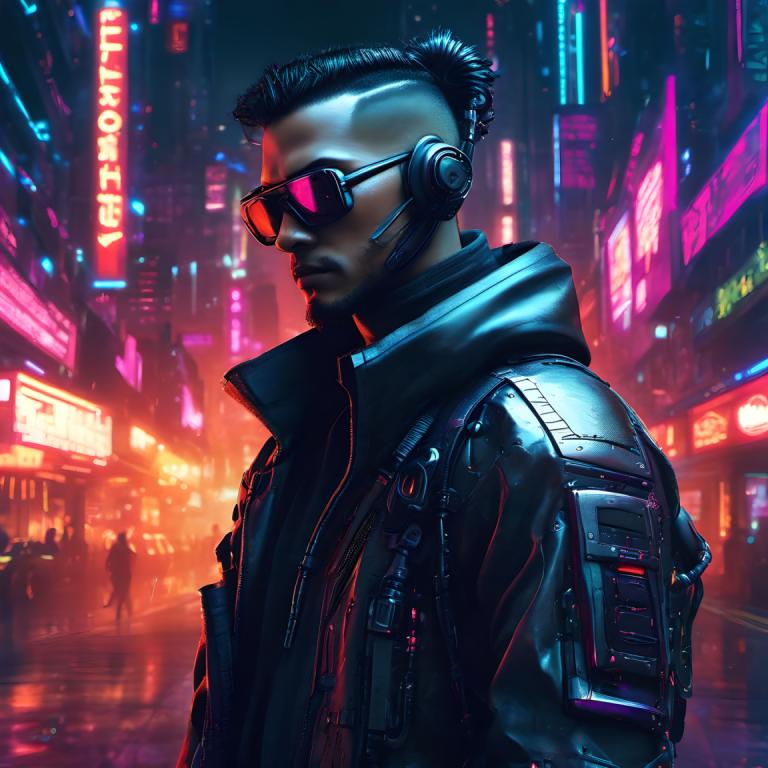 Cyberpunk,Cyberpunk, Lidé, muž, kyberpunk, 1 kluk, neonová světla, mužské zaměření, Bunda, město, černé vlasy