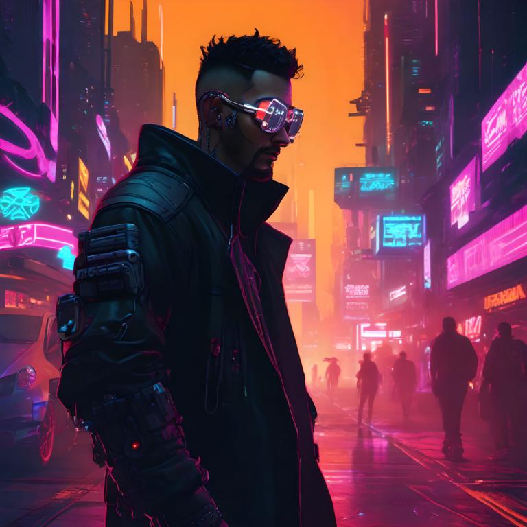 Cyberpunk,Cyberpunk, Ljudje, moški, cyberpunk, neonske luči, mesto, kiborg, temna koža, znanstvena fantastika