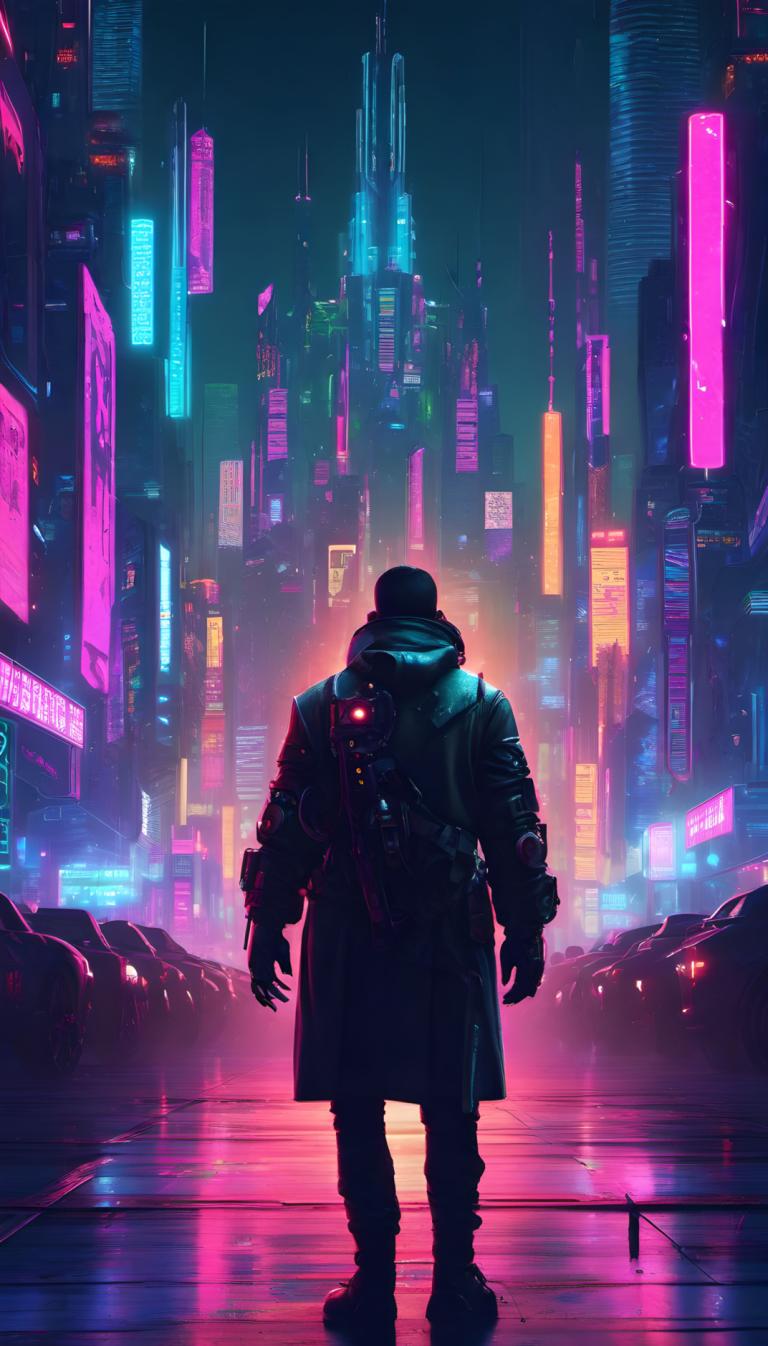 Cyberpunk,Cyberpunk, Oameni, om, cyberpunk, lumini de neon, operă științifico-fantastică, 1 băiat, din spate