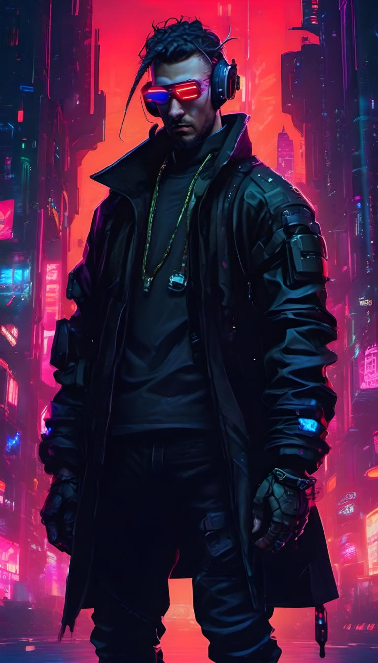 Cyberpunk,Cyberpunk, People, man, 1boy, male focus, solo, cyberpunk, jacket, gloves, pants, city, necklace