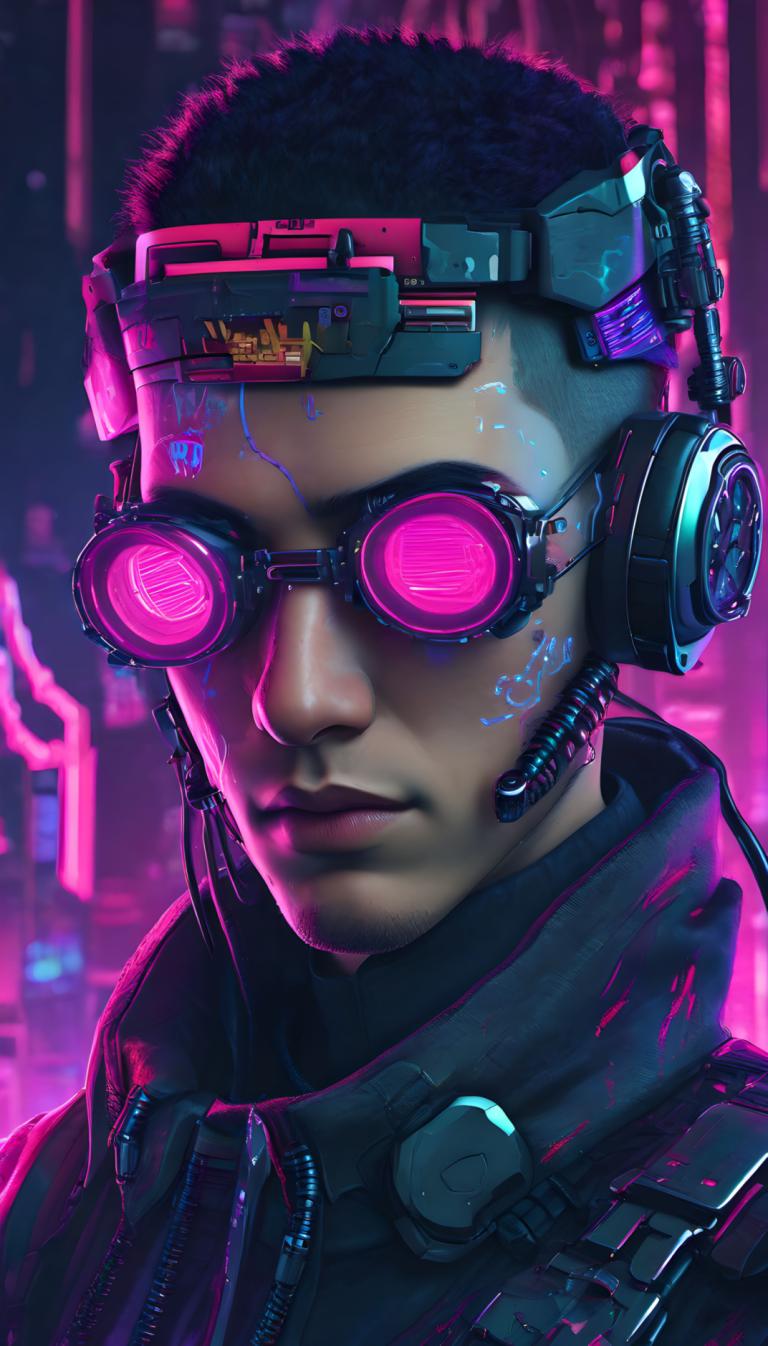 Cyberpunk,Cyberpunk, Mennesker, Mann, cyberpunk, 1 gutt, solo, mannlig fokus, svart hår, realistisk, neon lys