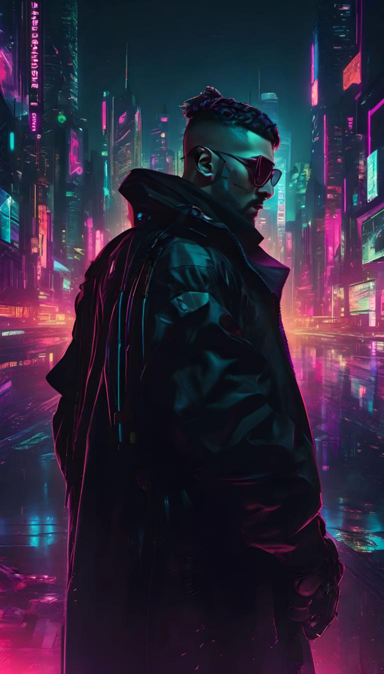 Cyberpunk,Cyberpunk, Persone, Uomo, 1 ragazzo, cyberpunk, assolo, focus maschile, notte, città, sottosquadro