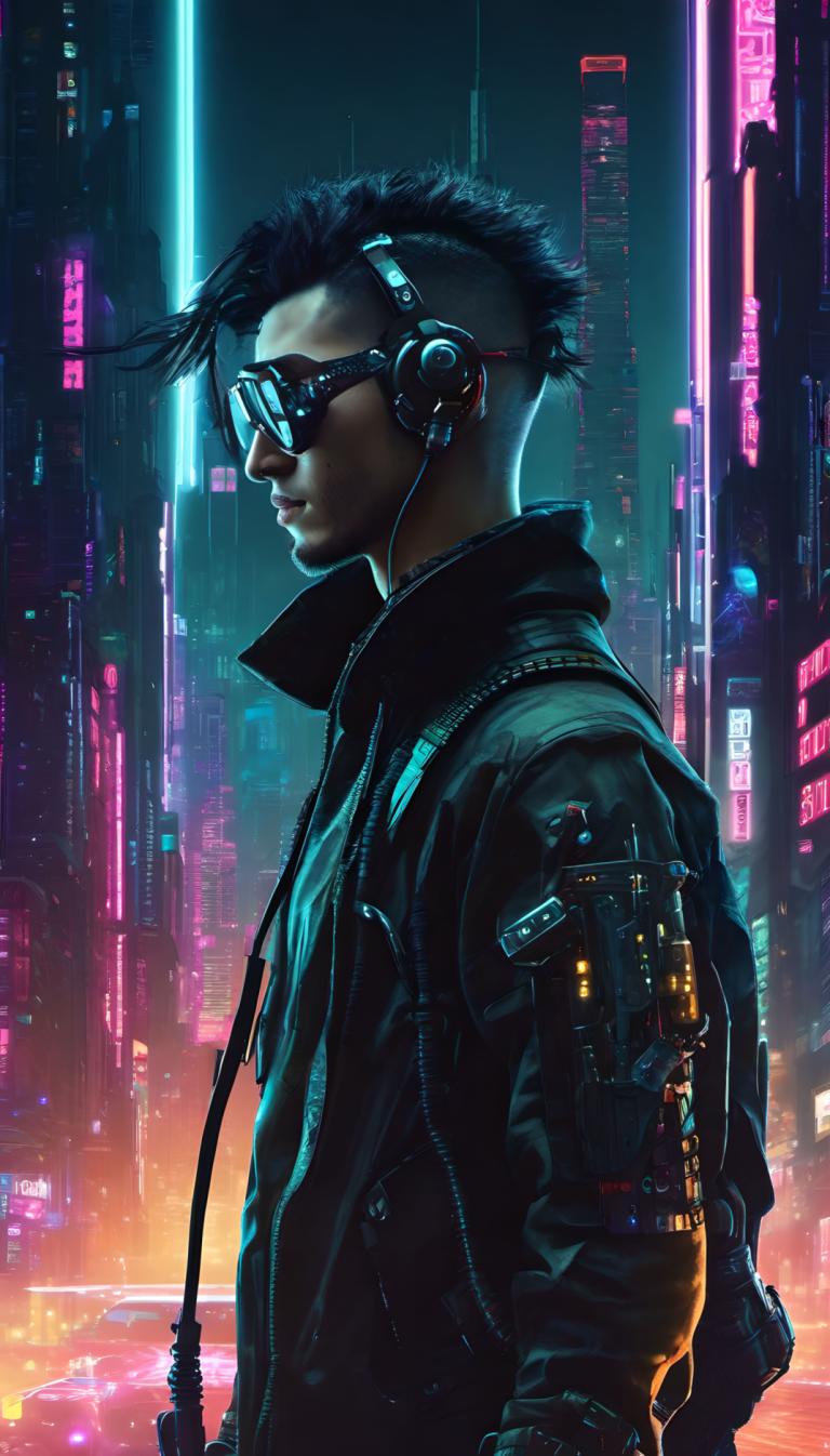 Cyberpunk,Cyberpunk, Lidé, muž, 1 kluk, kyberpunk, sólo, mužské zaměření, Bunda, noc, černé vlasy