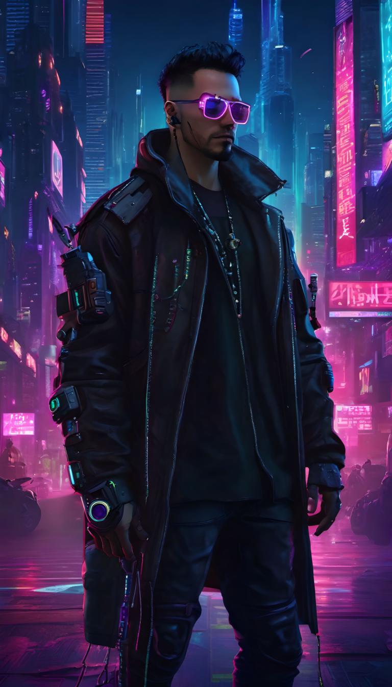 Cyberpunk,Cyberpunk, Ljudje, moški, 1 fant, moški fokus, cyberpunk, obrazne dlake, jakna, mesto, noč