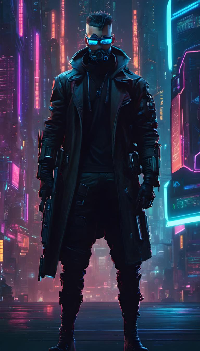 Cyberpunk,Cyberpunk, People, man, 1boy, male focus, weapon, solo, gun, holding, cyberpunk, night, holding gun