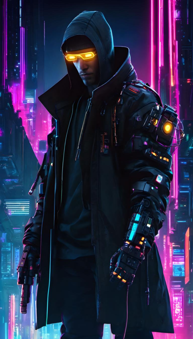 Cyberpunk,Cyberpunk, People, man, 1boy, hood, male focus, solo, glowing, cyberpunk, glowing eyes, jacket