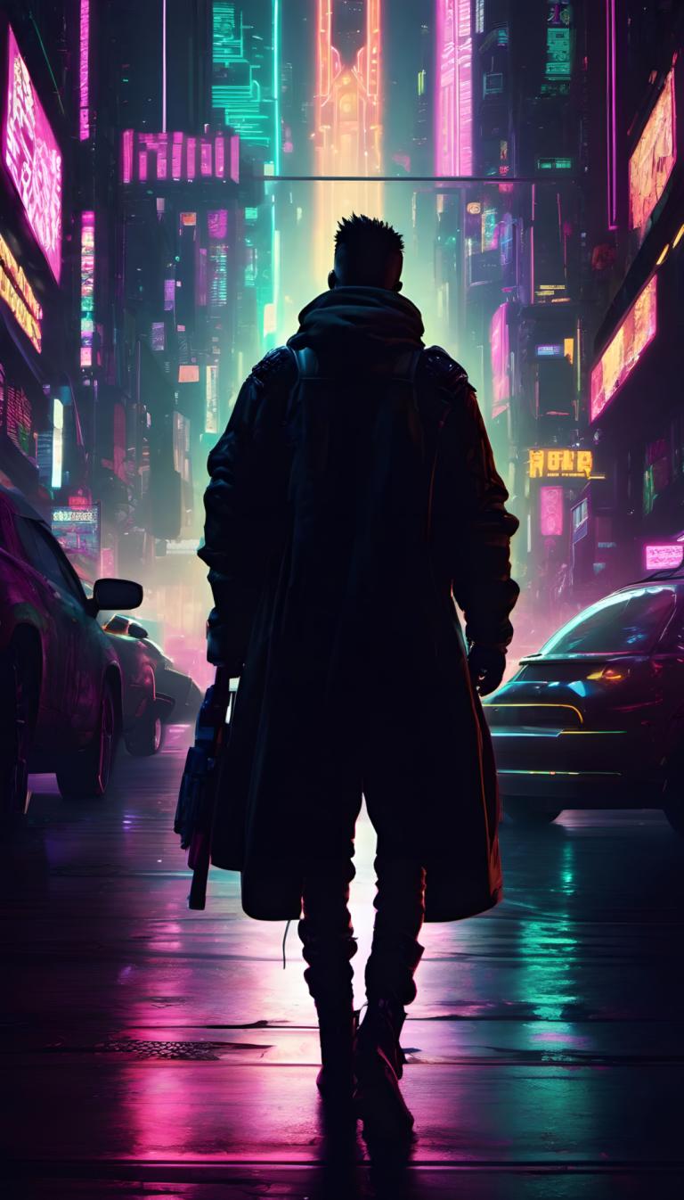 Cyberpunk,Cyberpunk, People, man, 1boy, male focus, night, motor vehicle, cyberpunk, holding, gun, solo