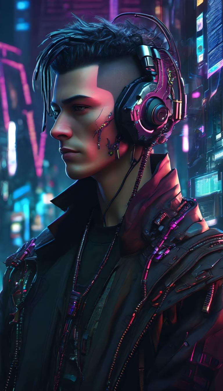 Cyberpunk,Cyberpunk, People, man, 1boy, male focus, jacket, solo, headphones, black hair, cyberpunk