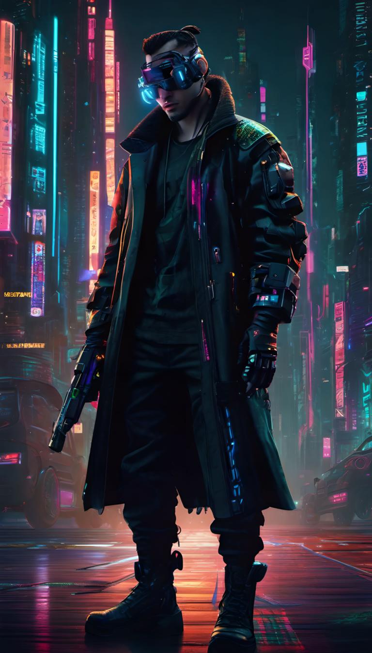 Cyberpunk,Cyberpunk, Ljudje, moški, 1 fant, moški fokus, cyberpunk, noč, orožje, solo, pištolo, držati, stoji