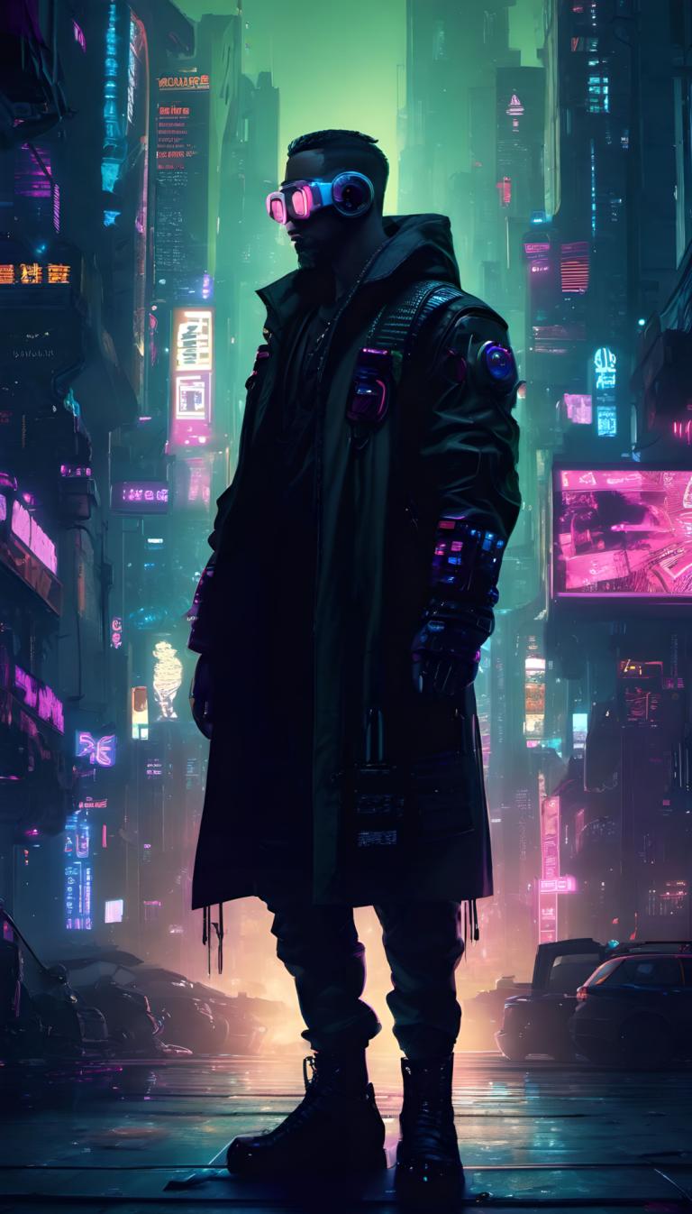 Cyberpunk,Cyberpunk, Ljudje, moški, 1 fant, cyberpunk, moški fokus, solo, noč, mesto, znanstvena fantastika