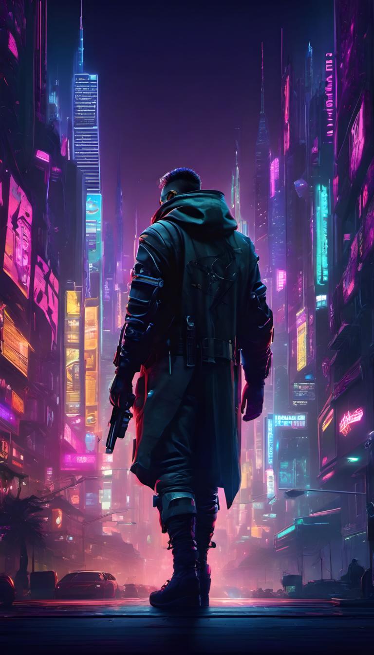 Cyberpunk,Cyberpunk, Oameni, om, 1 băiat, armă, lumini de neon, focalizare masculină, noapte, pistol