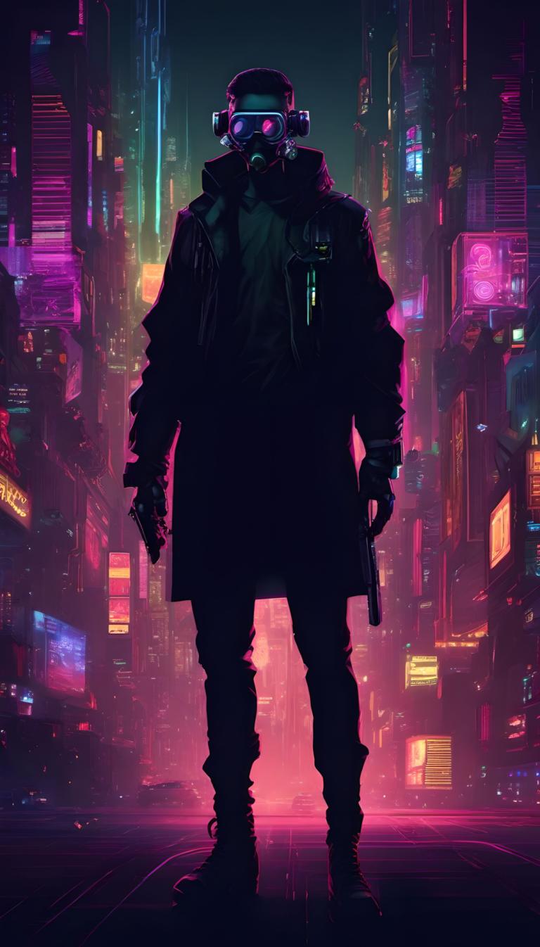 Cyberpunk,Cyberpunk, Mensen, man, 1 jongen, cyberpunk, solo, Neon lichten, mannelijke focus, gasmasker, wapen