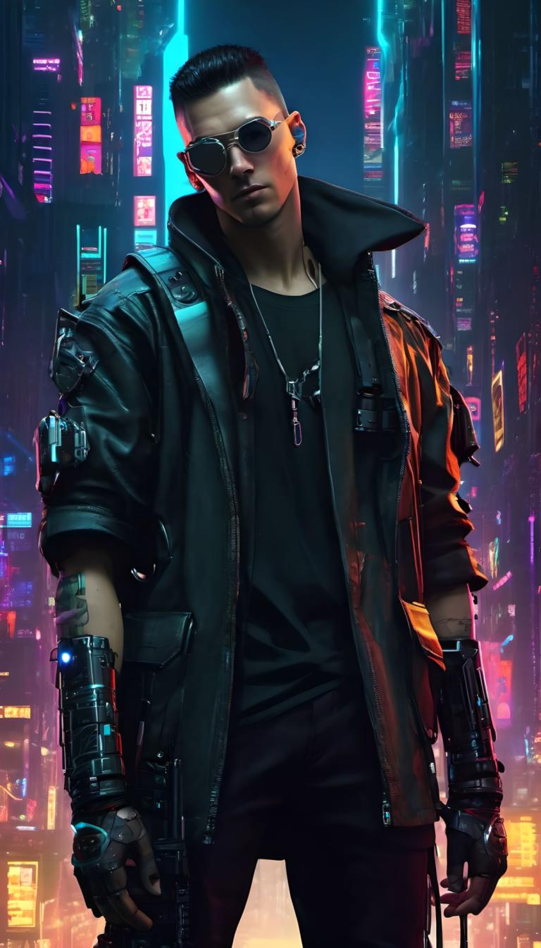 Cyberpunk,Cyberpunk, Ljudje, moški, 1 fant, cyberpunk, moški fokus, jakna, solo, Črni lasje, majica, nakit