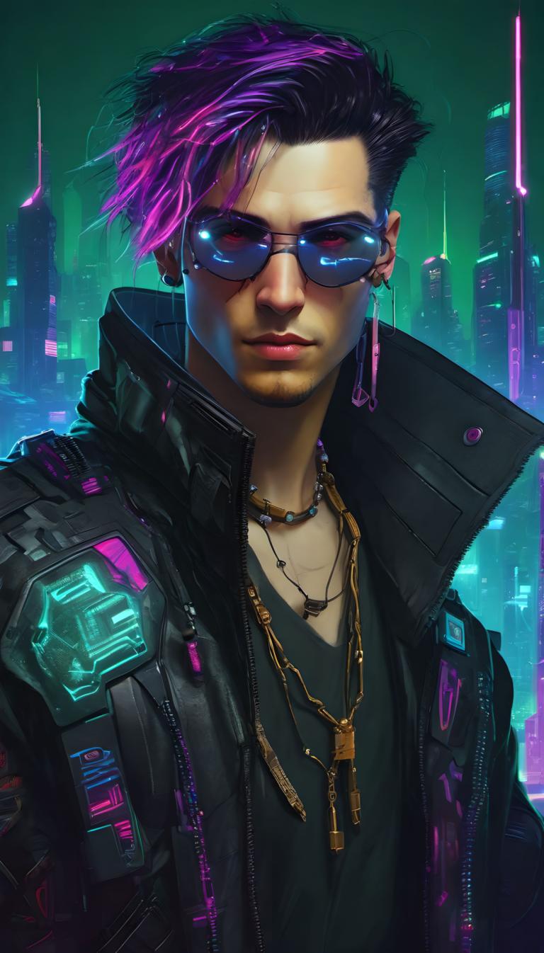 Cyberpunk,Cyberpunk, Mensen, man, solo, juwelen, jasje, mannelijke focus, halsketting, 1 jongen, zonnebril