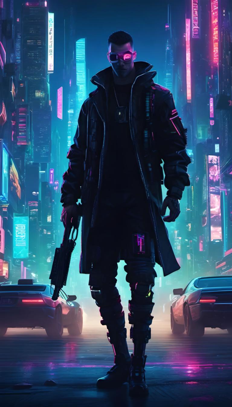 Cyberpunk,Cyberpunk, Mennesker, Mann, 1 gutt, cyberpunk, mannlig fokus, natt, science fiction, solo, by