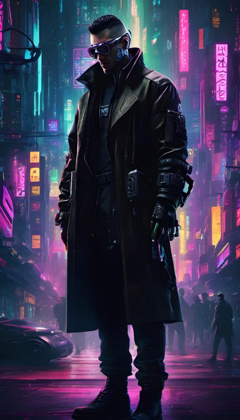 Cyberpunk,Cyberpunk, Ljudje, moški, cyberpunk, neonske luči, znanstvena fantastika, kiborg, noč, mesto