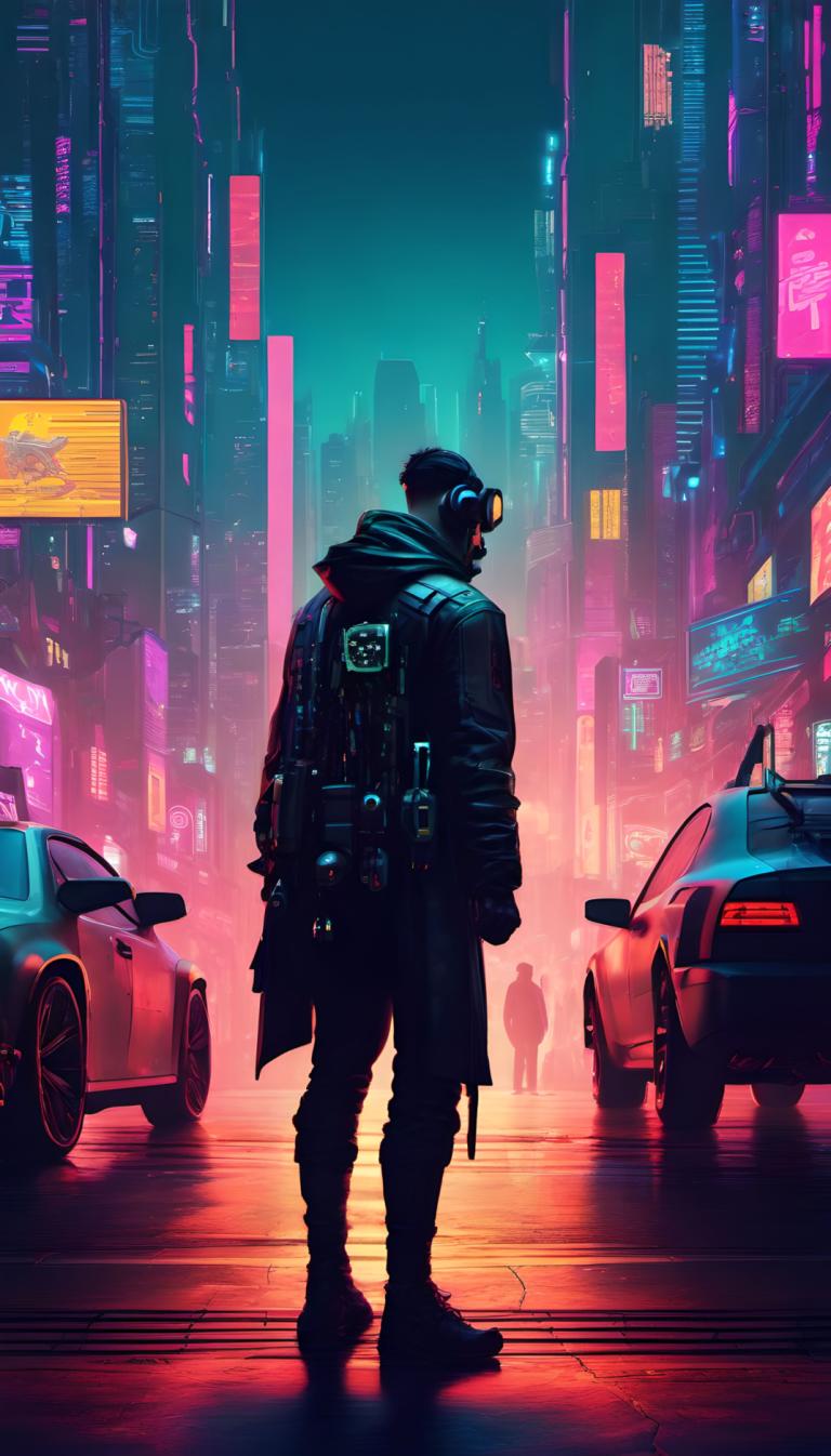 Cyberpunk,Cyberpunk, Mensen, man, motorvoertuig, 1 jongen, grond voertuig, auto, stad, cyberpunk, nacht