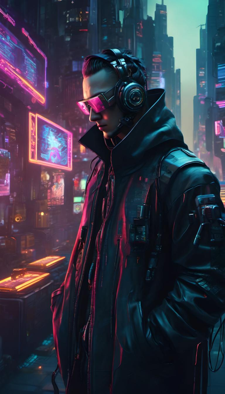 Cyberpunk,Cyberpunk, Mensen, man, 1 jongen, mannelijke focus, solo, cyberpunk, Neon lichten