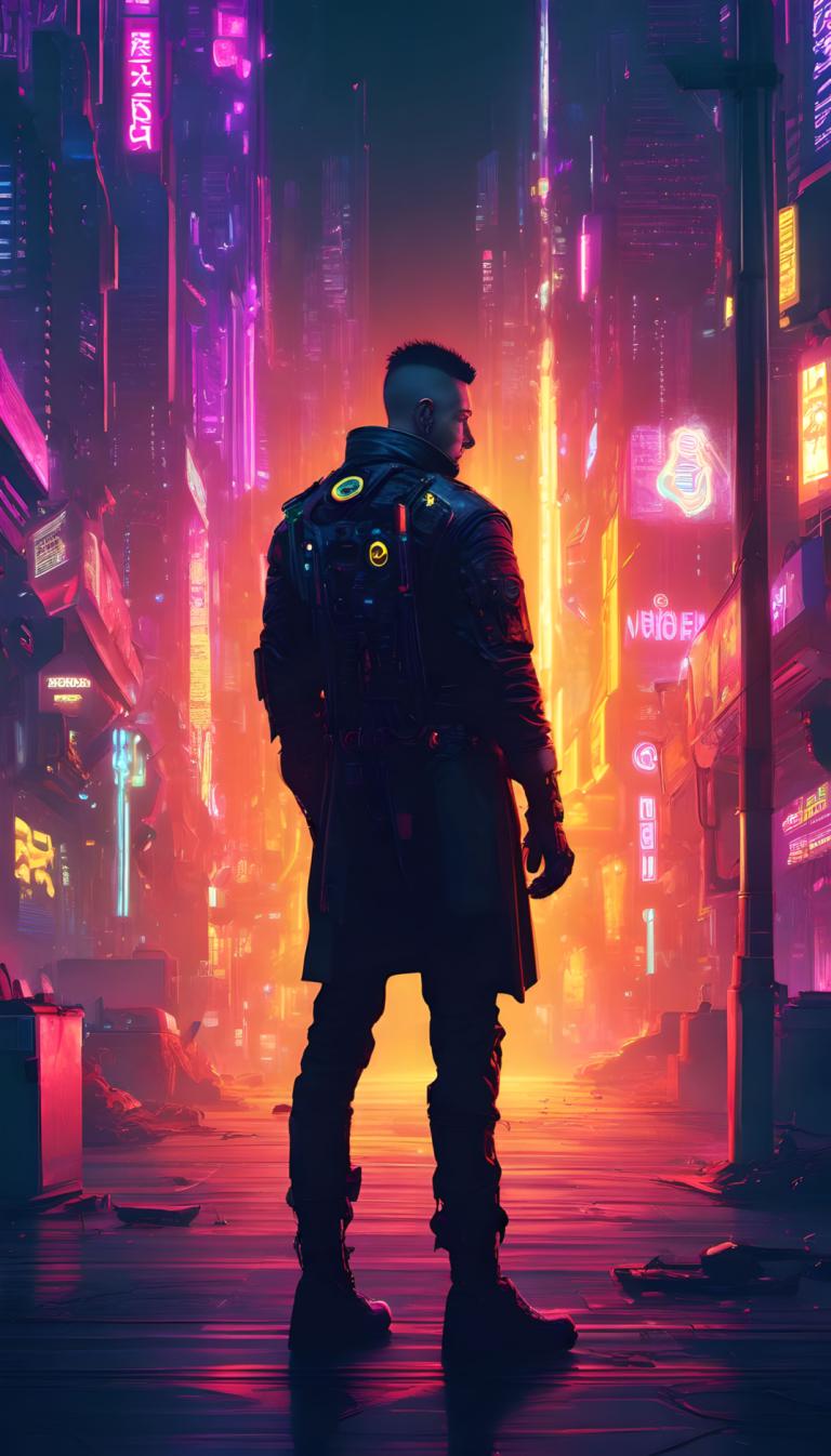 Cyberpunk,Cyberpunk, Mensen, man, cyberpunk, 1 jongen, Neon lichten, mannelijke focus, solo, nacht, stad