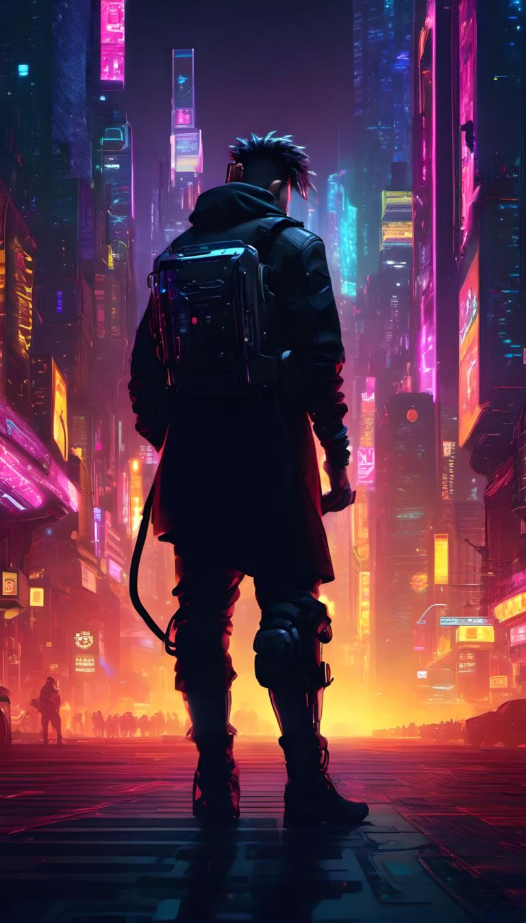 Cyberpunk,Cyberpunk, Ljudje, moški, cyberpunk, moški fokus, neonske luči, noč, 1 fant, mesto, Črni lasje