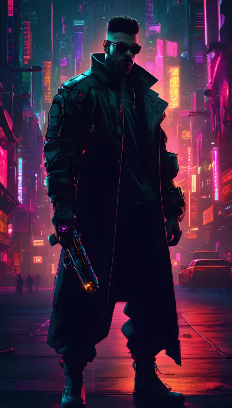 Cyberpunk,Cyberpunk, Oameni, om, cyberpunk, 1 băiat, focalizare masculină, armă, lumini de neon, pistol