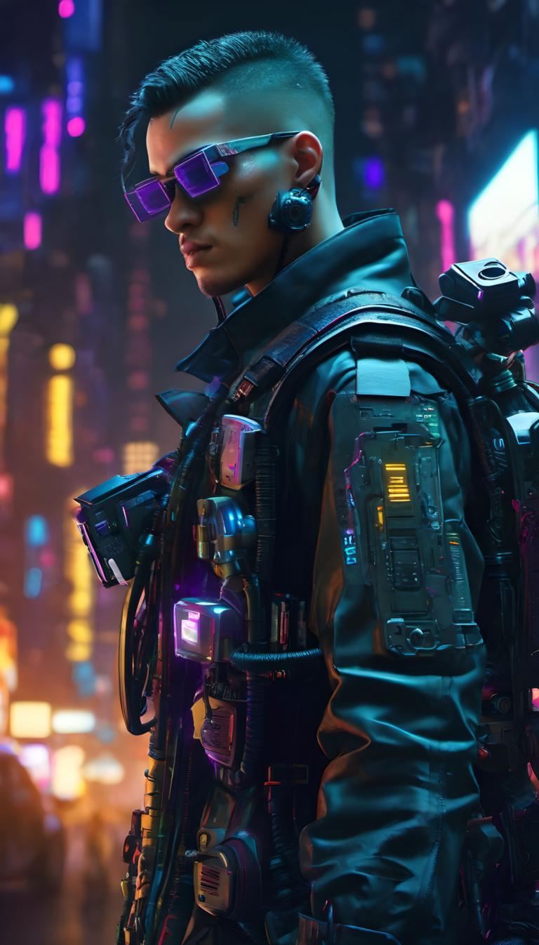 Cyberpunk,Cyberpunk, Mensen, man, 1 jongen, mannelijke focus, solo, jasje, wapen, cyberpunk, donkere huid