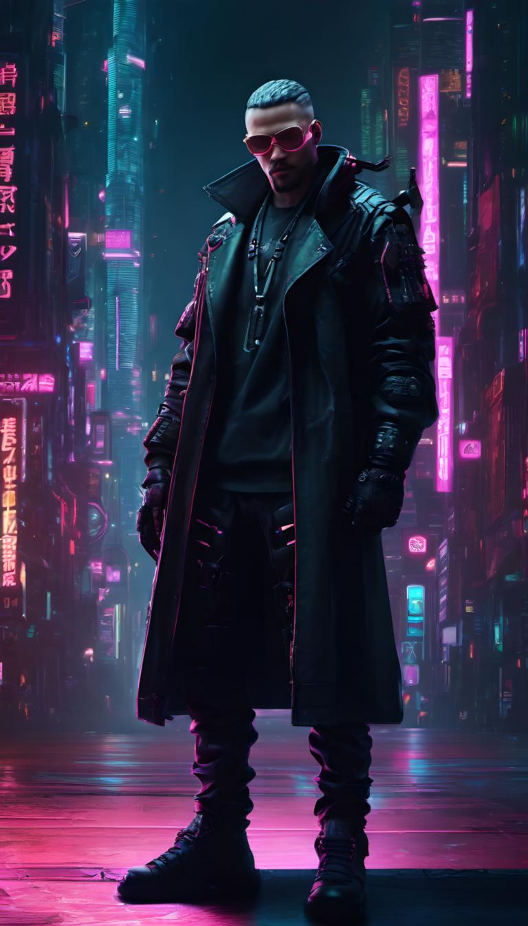 Cyberpunk,Cyberpunk, Ljudje, moški, 1 fant, moški fokus, solo, cyberpunk, noč, sončna očala, stoji, mesto