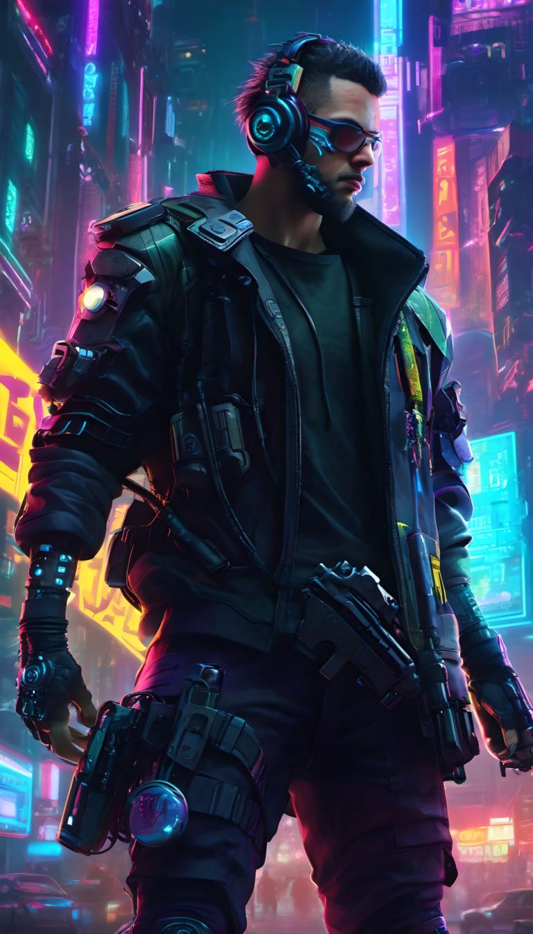 Cyberpunk,Cyberpunk, Ljudje, moški, 1 fant, jakna, moški fokus, cyberpunk, neonske luči, rokavice, solo, noč